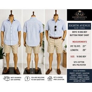 Eighth Avenue New York Boys 16 Shirt Blue White Geometric Button Front Short Sle